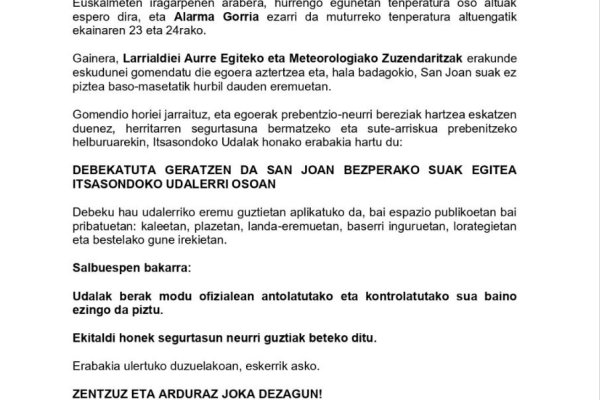  SAN JOAN BEZPERAKO SUAK DEBEKATUTA 